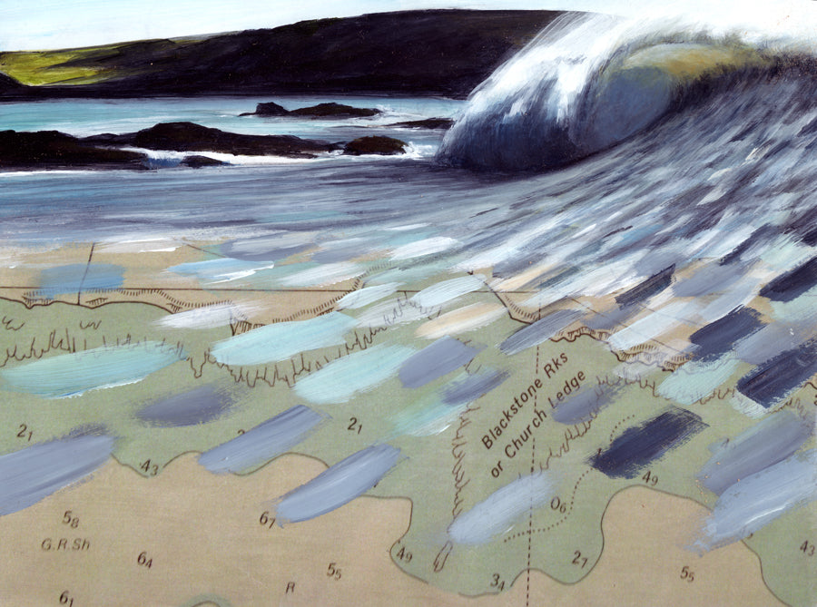 fine art print of a wave breaking on blackstone rocks wembury