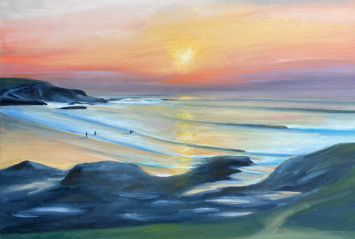 sunset painting of treyarnon bay cornwall